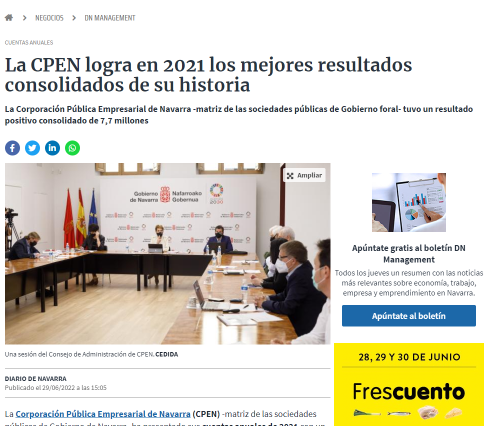 Fotografía del pantallazo de la noticia en la edición online del Diario de Navarra