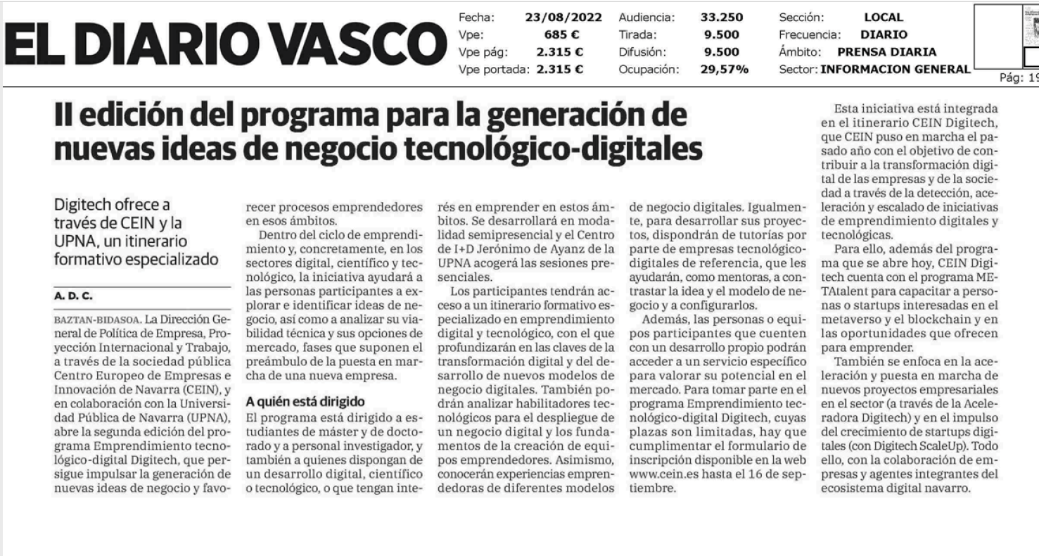 Fotografía del pantallazo de la noticia en la edición impresa del Diario Vasco