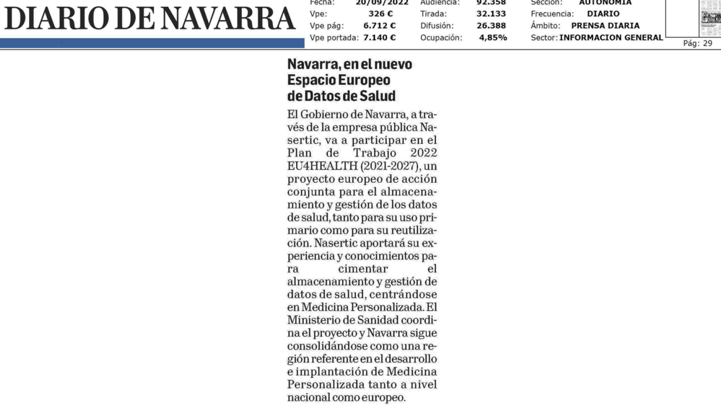 Fotografía del pantallazo de la noticia en la edición impresa del Diario de Navarra
