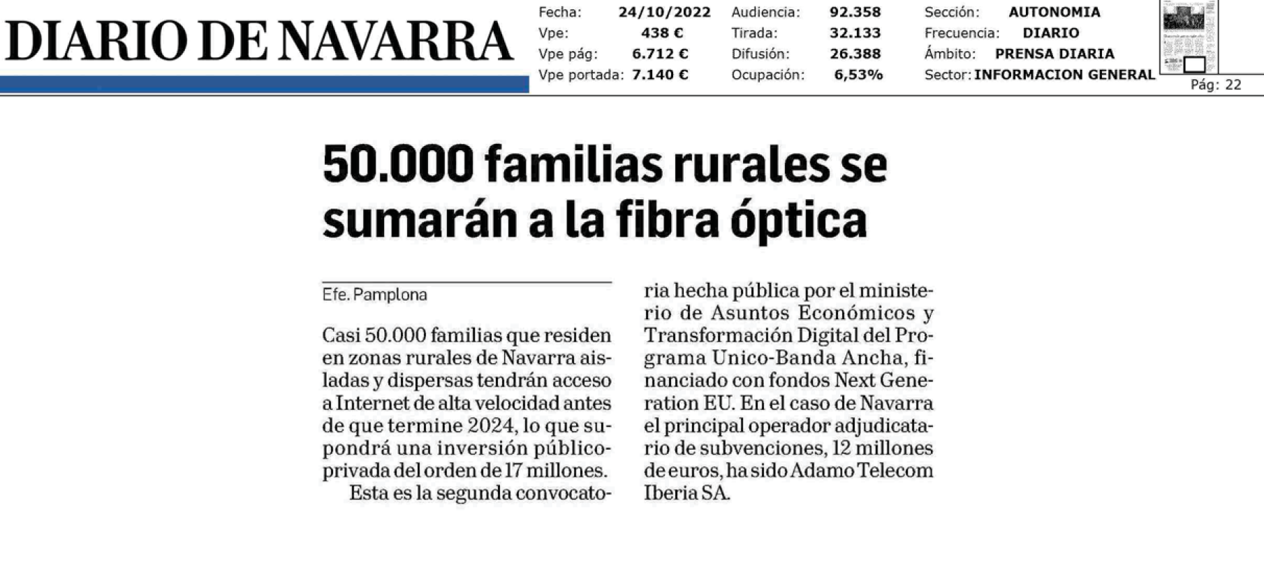 Fotografía del pantallazo de la noticia en la edición impresa del Diario de Navarra