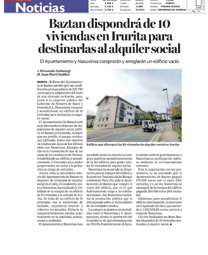 Fotografía del pantallazo de la noticia en la edición impresa del Diario de Navarra