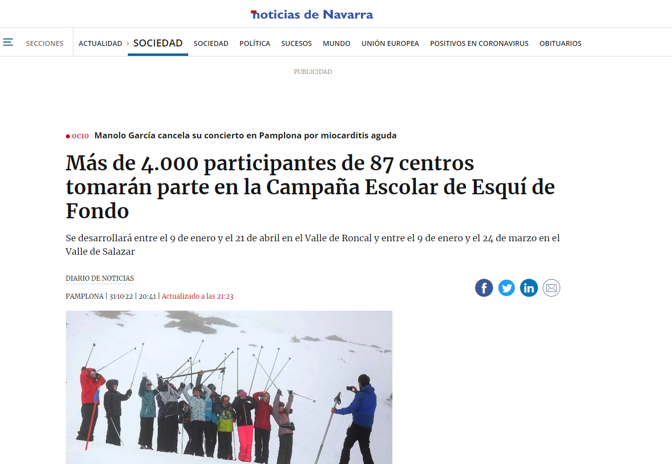 Fotografía del pantallazo de la noticia en la edición online del Diario de Noticias