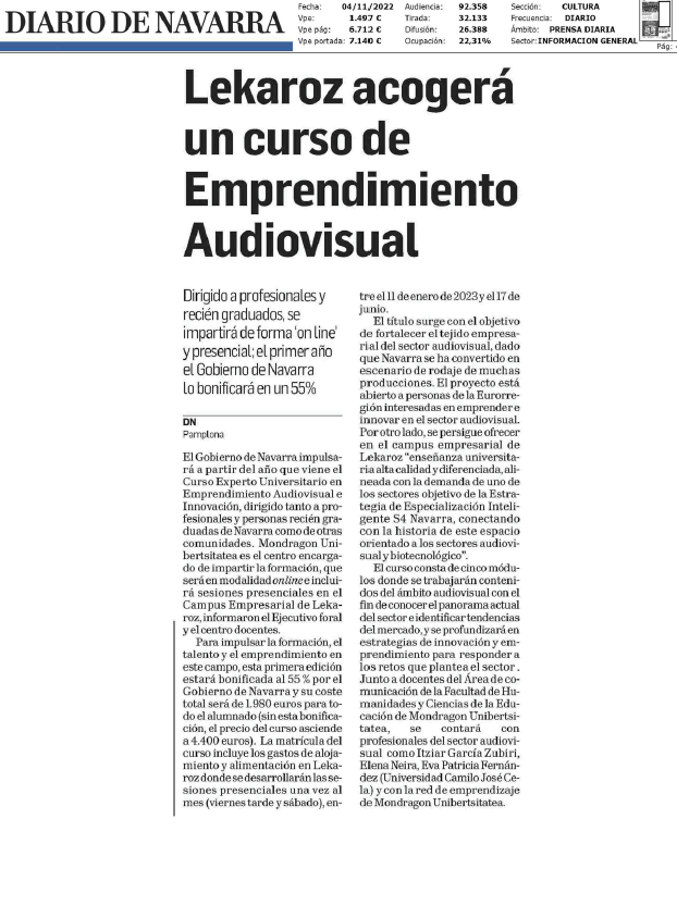 Fotografía del pantallazo de la noticia en la edición impresa del Diario de Navarra