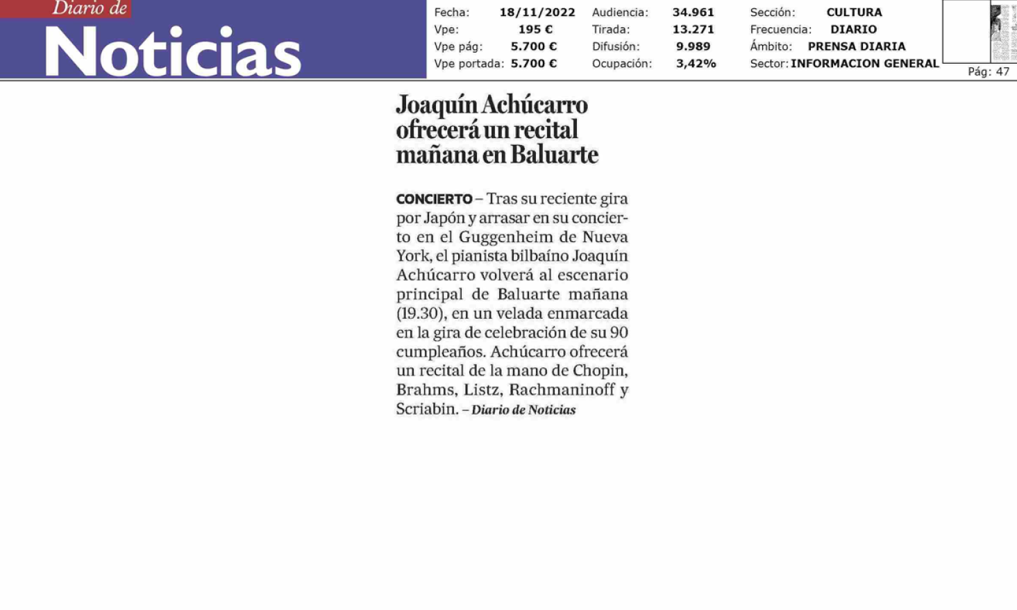 Fotografía del pantallazo de la noticia en la edición impresa del Diario de Noticias