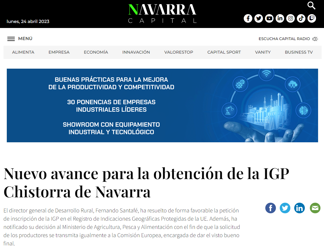 Fotografía del pantallazo de la noticia en la edición online de Navarra Capital