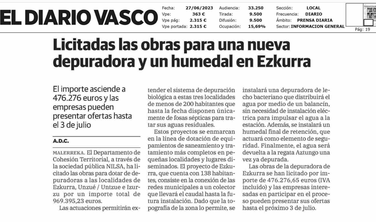 Fotografía del pantallazo de la noticia en la edición impresa del Diario Vasco