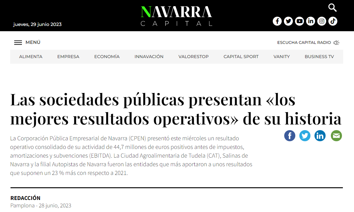 Fotografía del pantallazo de la noticia en la edición online de Navarra Capital 