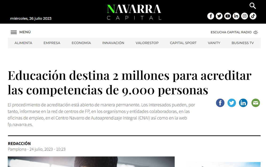 Fotografía del pantallazo de la noticia en la edición online de Navarra Capital