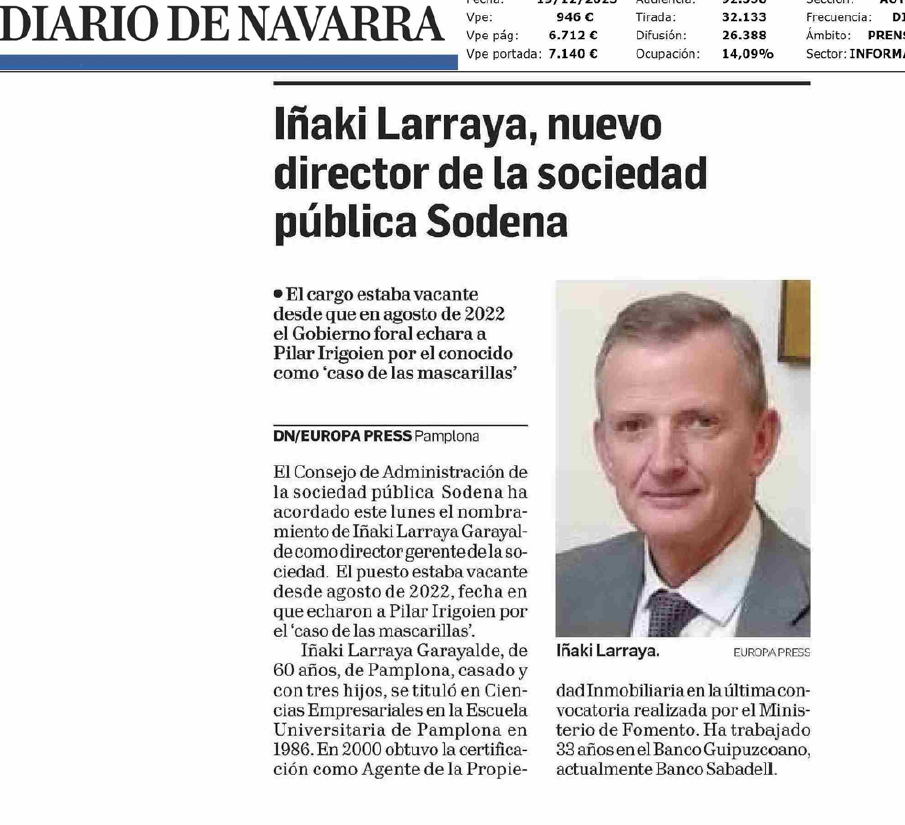 Fotografía del pantallazo de la noticia en la edición impresa del Diario de Navarra