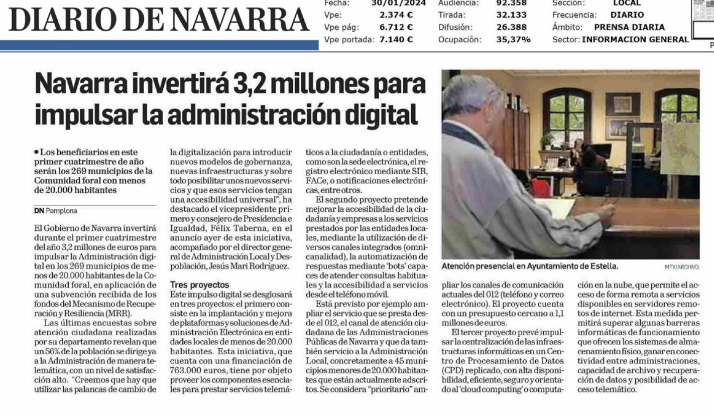 Fotografía del pantallazo de la noticia en la edición impresa de Diario de Navarra