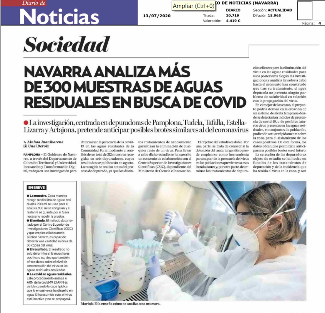 Imagen de la primera página del reportaje de Diario de Noticias dedicado al proyecto de detección de COVID en aguas residuales