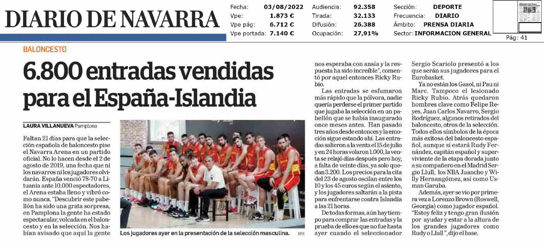 Fotografía del pantallazo de la noticia en la edición impresa del Diario de Navarra