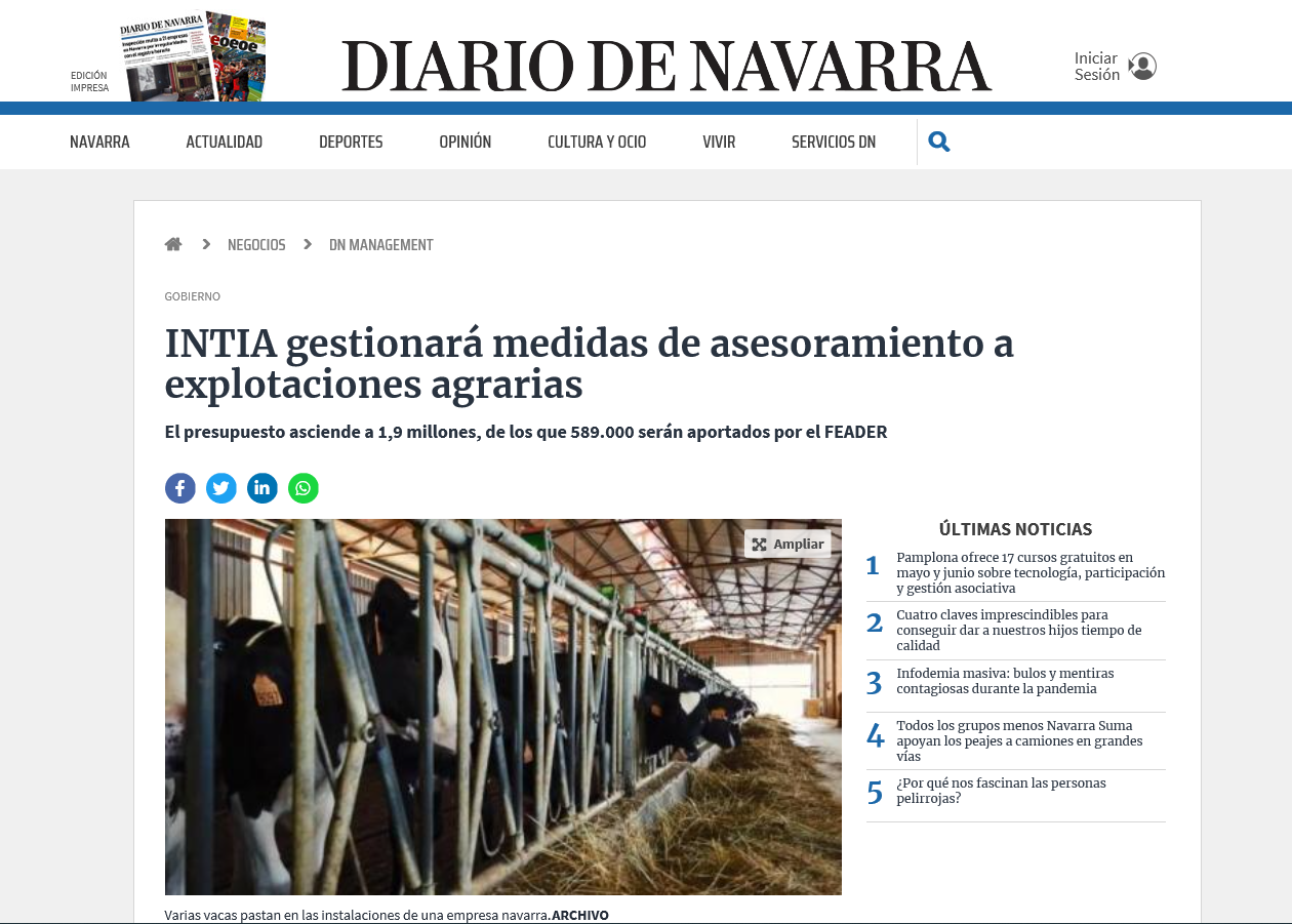 Fotografia del pantallazo de la noticia en la edición online del Diario de Navarra