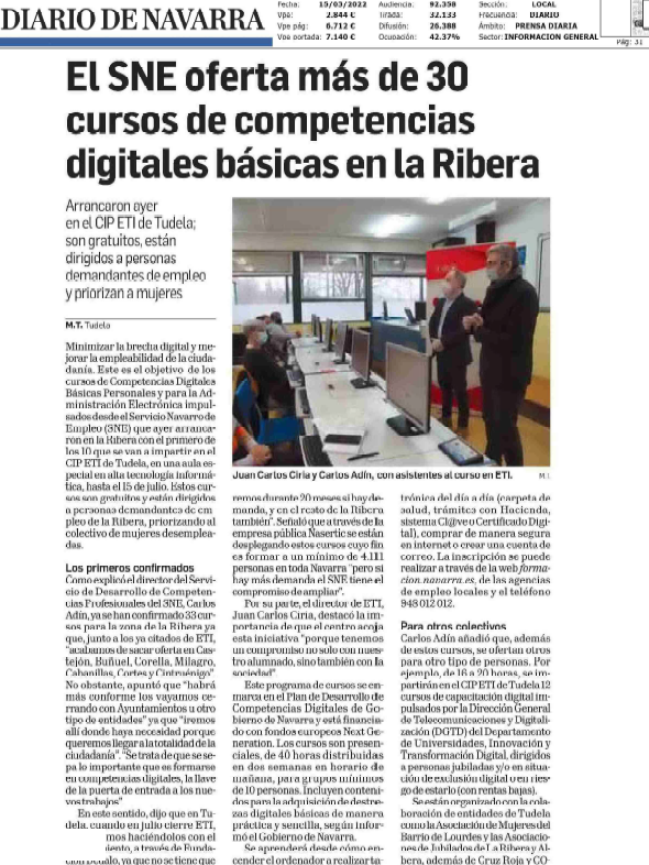 Fotografia del pantallazo de la noticia en la edición impresa del Diario de Navarra