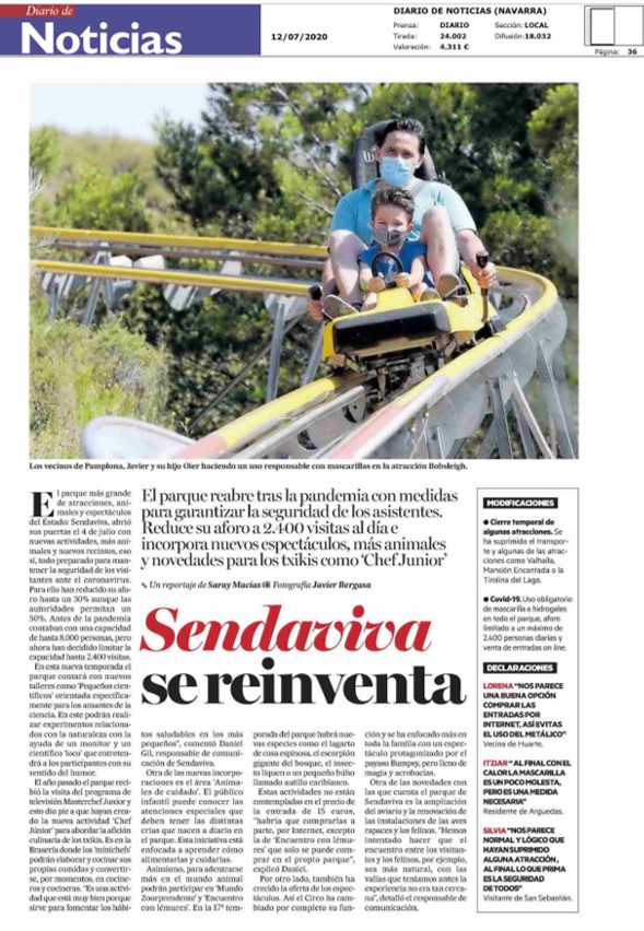 Primera página de las tres que Diario de Noticias dedica a la reapertura de Sendaviva