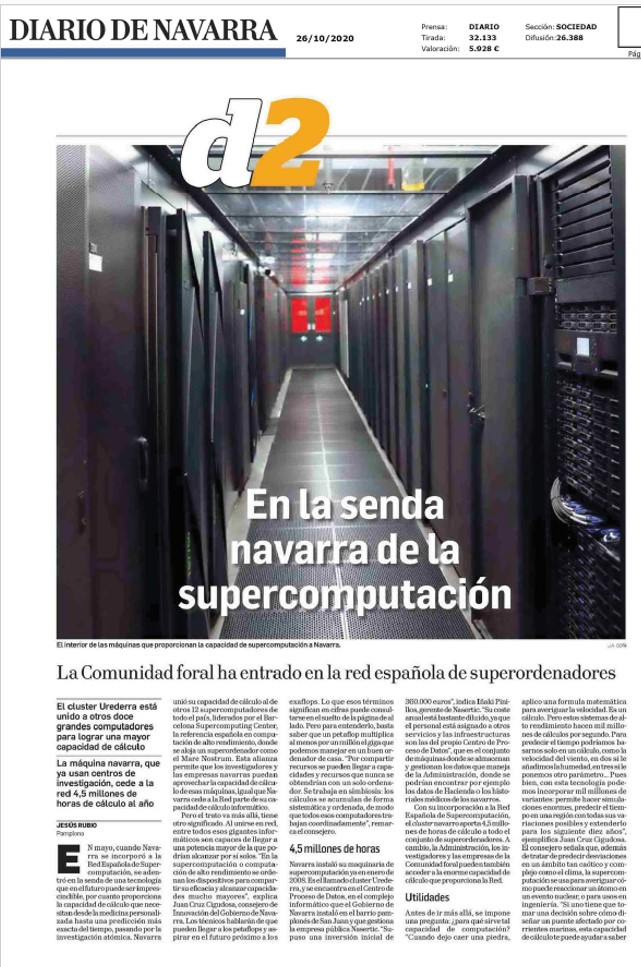 Vista de la primera página del reportaje de Diario de Navarra sobre supercomputación 