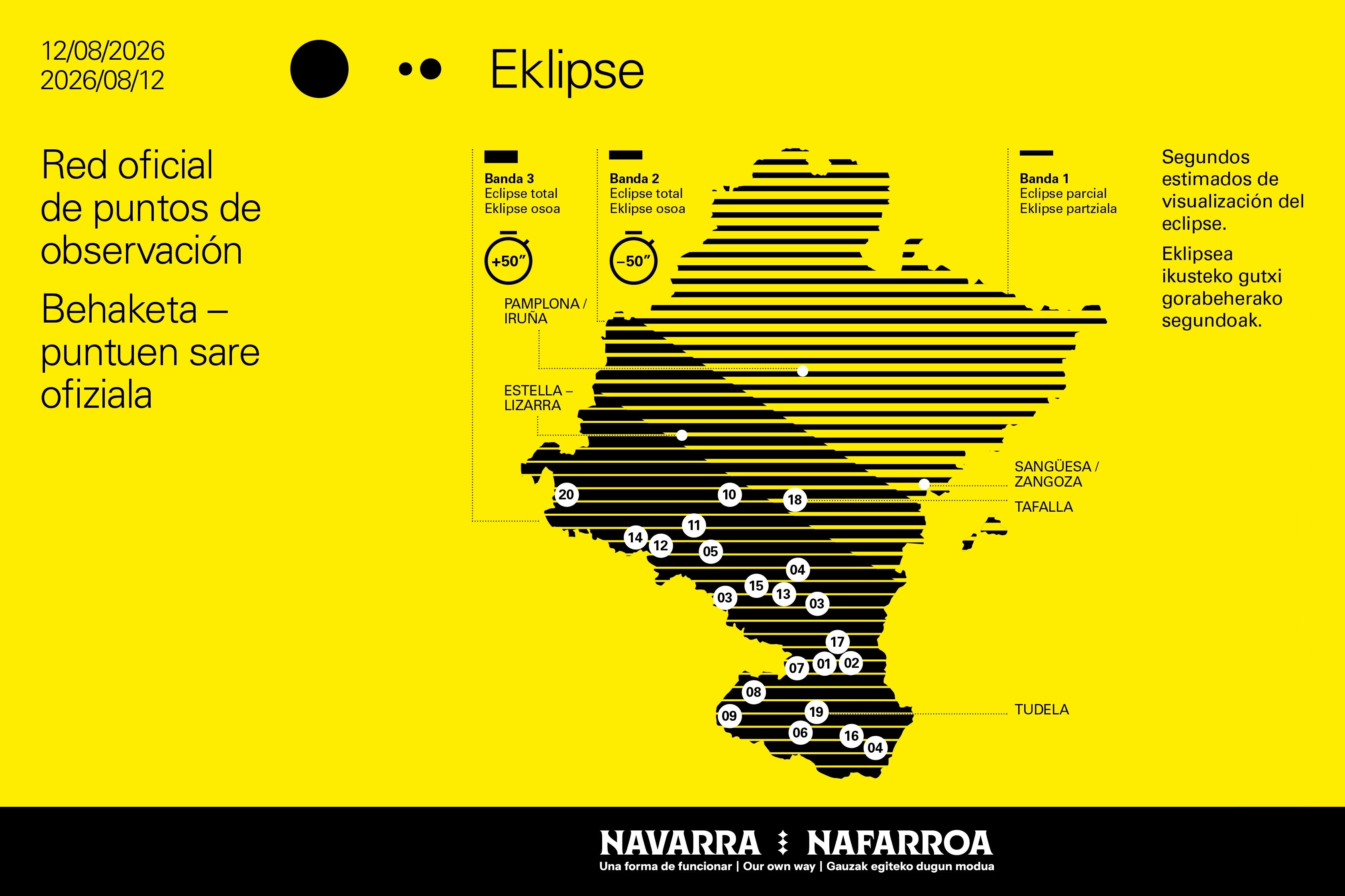 Imagen de un mapa de Navarra con los puntos de visualización del eclipse