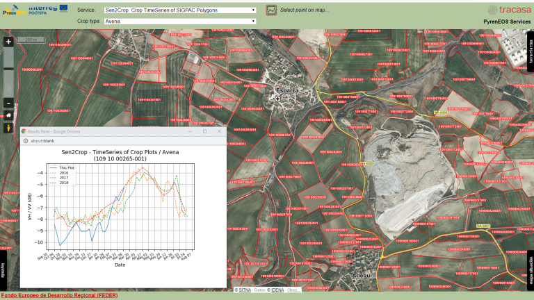 Imagen de una búsqueda del servicio Sen2Crop, con el detalle de una parcela.