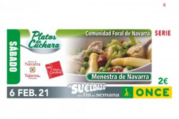 Fotografia de un cupón de la Once, con diversos elementos: logotipo de reyno gourmet rojo, fotografía de una menestra de verduras