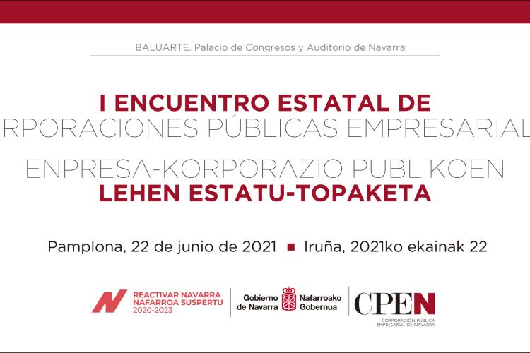 Imagen corporativa del Encuentro, en la que se leen título de la jornada, lugar y logotipos de CPEN, Gobierno de Navarra y Plan Reactivar Navarra.