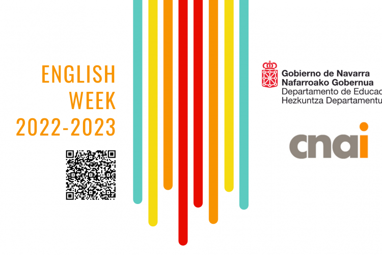 Cartela de fondo blanco, con líneas horizontales de distintos colores cayendo de la parte superior central. A mano izaquierda se lee ENGLISH WEEK 2022-2023, mientras que a mano derecha se ven el logotipo del Departamento de Educación de Gobierno de Navarra y, debajo, el de CNAI.
