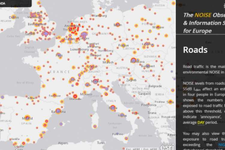 Imagen de uno de los mapas del Servicio de Observación e Información sobre el Ruido en Europa, elaborado por Tracasa con tecnología Esri para la Agencia Europea de Medio Ambiente.