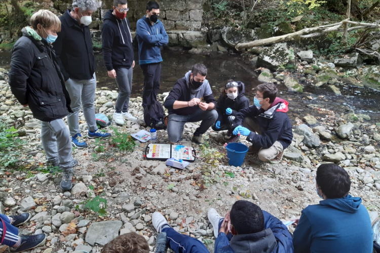 Fotografía de varios chicos en la orilla de un río analizando piedras y agua.