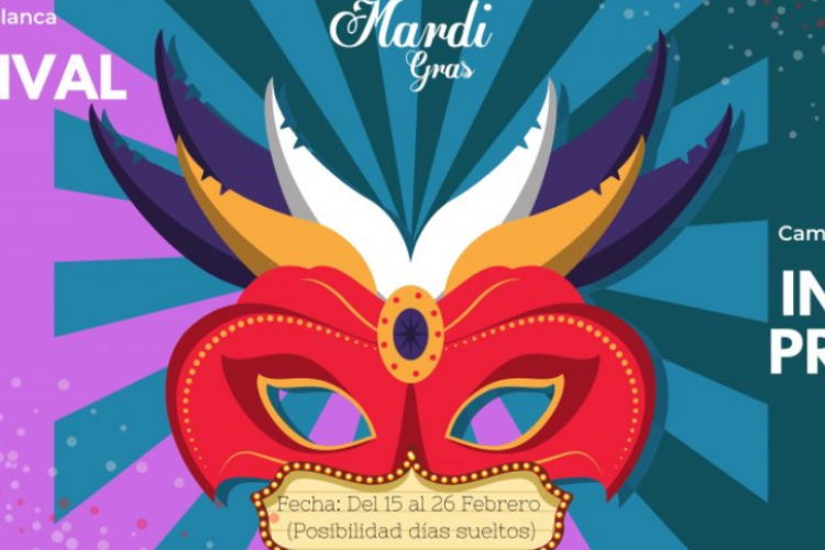 Fotograía del cartel promocional de los campamentos donde sale una máscara de carnaval de varios colores