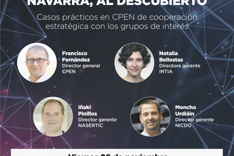 Anuncio del webinar. Sobre fondo oscuro, se lee el título del encuentro, se ven las fotos de los 4 participantes, horario, lugar y los logotipos de las empresas participantes.