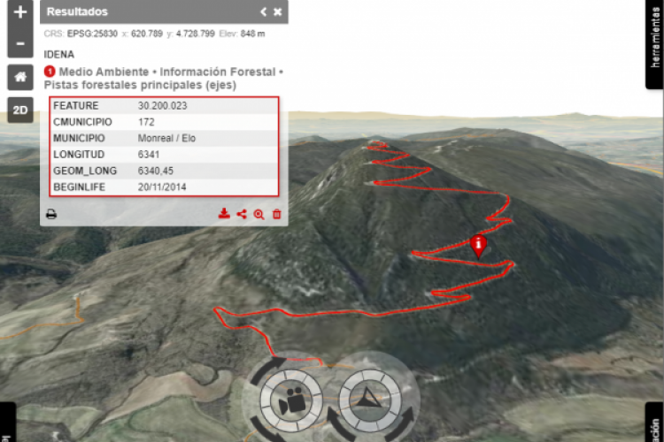 Ejemplo de imagen en 3D del visualizador de la Infraestructura de Datos Espaciales de Navarra (IDENA), desarrollado mediante la API SITNA.