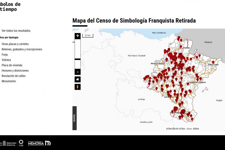 Mapa de Navarra con filtros, en el cual aparecen todos los símbolos franquistas retirados
