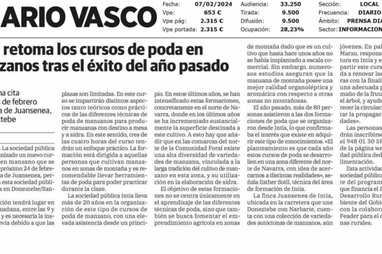 Fotografía del pantallazo de la noticia en la edición impresa del Diario Vasco