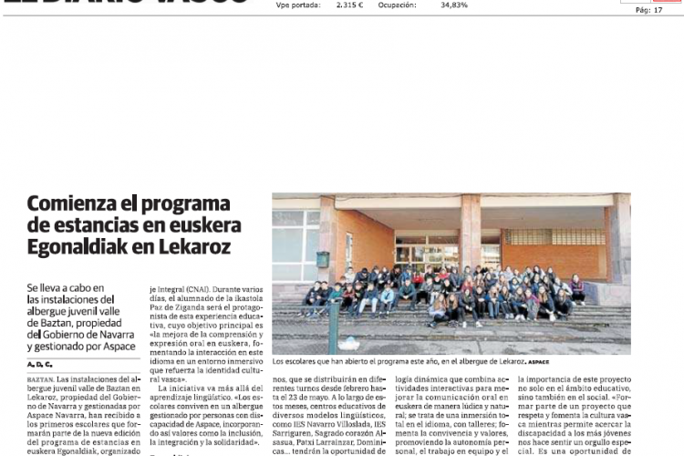Fotografía del pantallazo de la noticia en la edición impresa del Diario Vasco