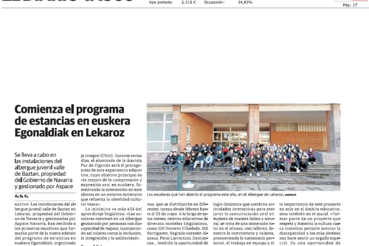 Fotografía del pantallazo de la noticia en la edición impresa del Diario Vasco