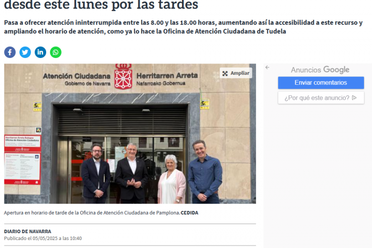 Fotografía del pantallazo de la noticia en la edición online de Diario de Navarra