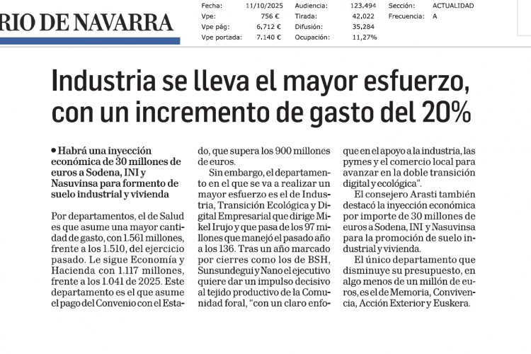 Fotografía del pantallazo de la noticia en la edición impresa del Diario de Navarra