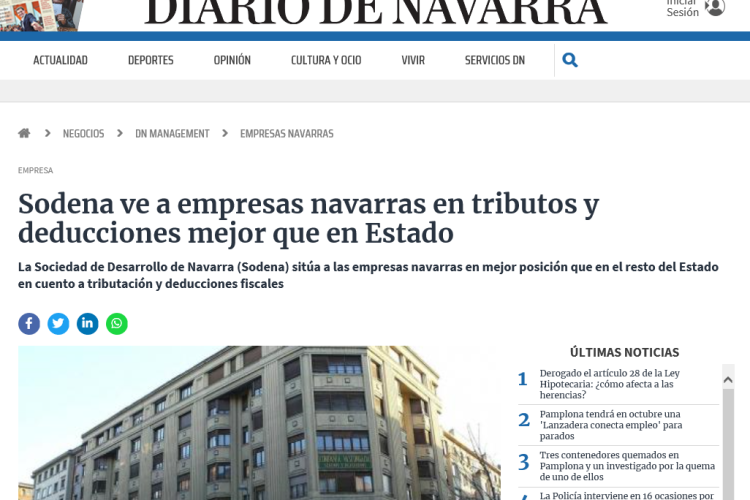 Fotografía del pantallazo de la noticia en la edición online del Diario de Navarra