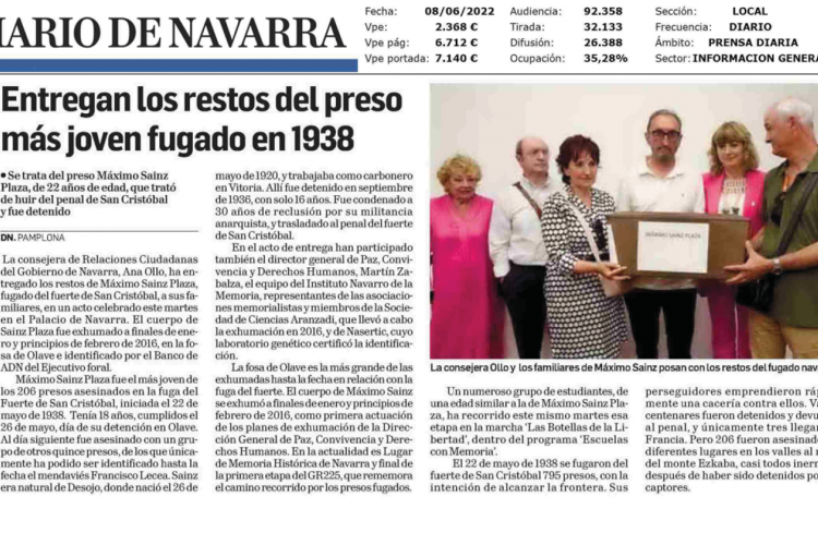 Fotografía del pantallazo de la noticia en la edición impresa del Diario de Navarra