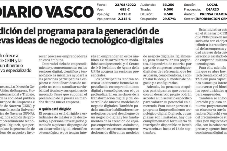 Fotografía del pantallazo de la noticia en la edición impresa del Diario Vasco
