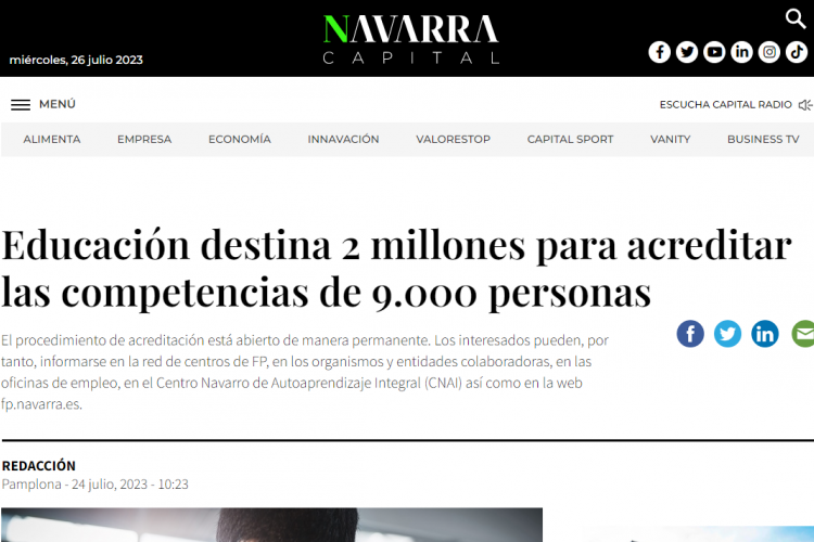 Fotografía del pantallazo de la noticia en la edición online de Navarra Capital 