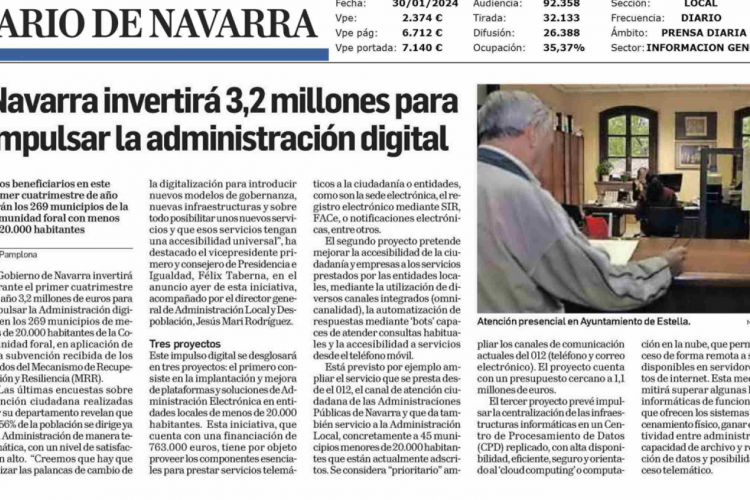 Fotografía del pantallazo de la noticia en la edición impresa de Diario de Navarra